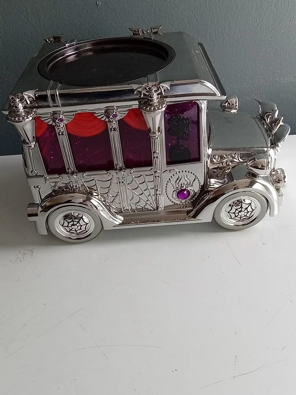 Bath & Body Works Halloween Hearse 3-Wick Candle Holder Silver Chrome Skeleton